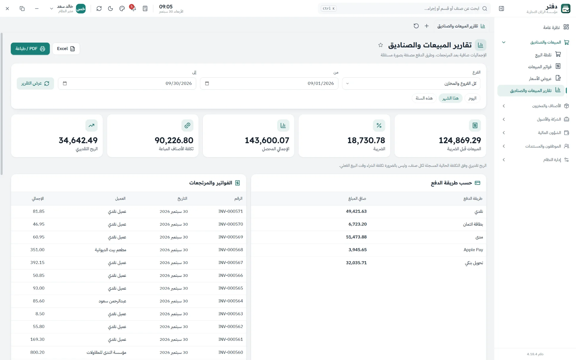 تقارير مبيعات وأرباح لكل فرع وطريقة دفع، صافية بعد المرتجعات